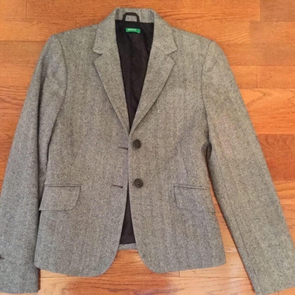 WOMENS VINTAGE 80S FALL  GRAY HERRINGBONE BLAZER BENETTON PREPPY COLLEGE CAREER